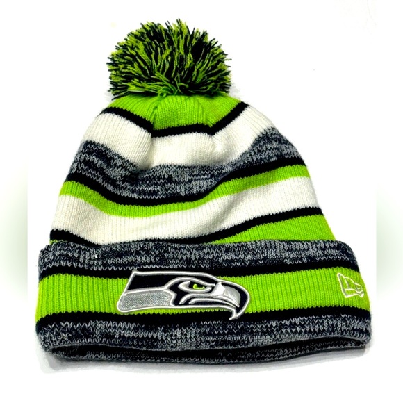 New Era NFL Football Seattle Seahawks Pom Knit Winter Beanie Hat Neon Green Blue - Picture 1 of 3